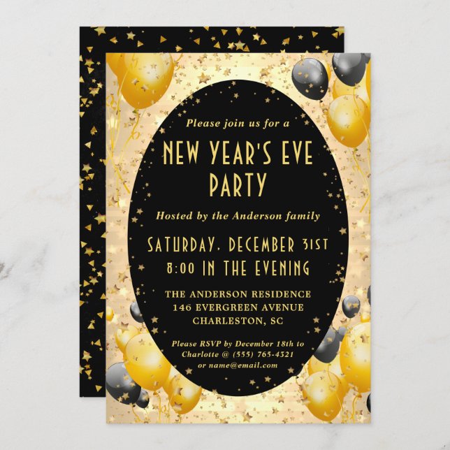 Gold Black Sparkling Stars New Year's Eve Party Invitation (Front/Back)