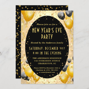 Gold Black Sparkling Stars New Year's Eve Party Invitation