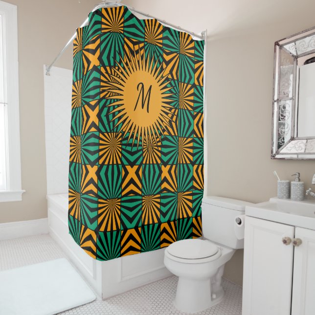 Gold Black Square Geometric Pattern Monogram  Shower Curtain (In Situ)