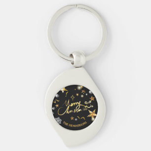 Gold Black Stars Custom Merry Christmas Key Ring