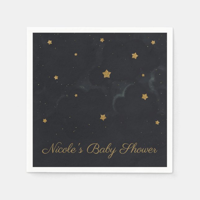 Gold Black Stars Dark Night Sky Baby Shower Party Napkin (Front)