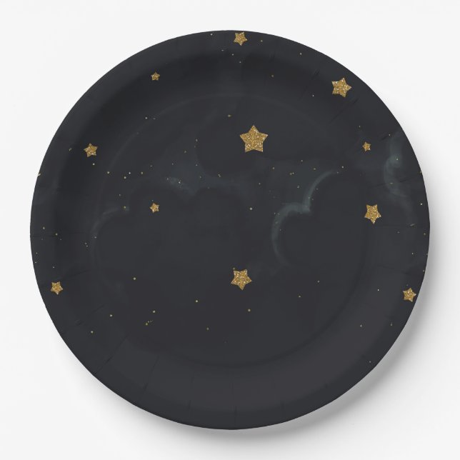 Gold Black Stars Dark Night Sky Baby Shower Party Paper Plate (Front)