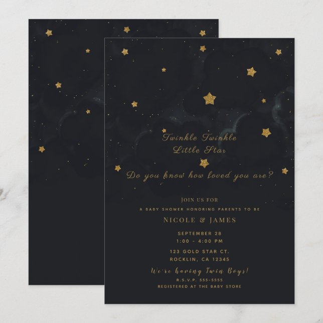 Gold Black Stars Dark Night Sky Baby Shower Twins Invitation (Front/Back)