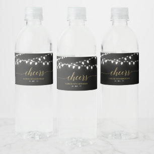 Gold & Black String Lights Adult Birthday Party Water Bottle Label