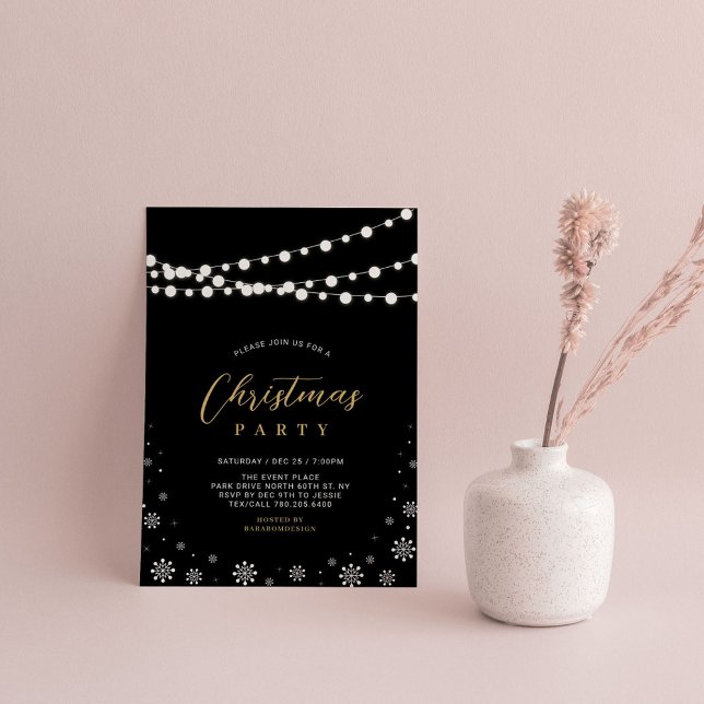 Gold & Black | String Lights Christmas Party Invit Invitation (Creator Uploaded)
