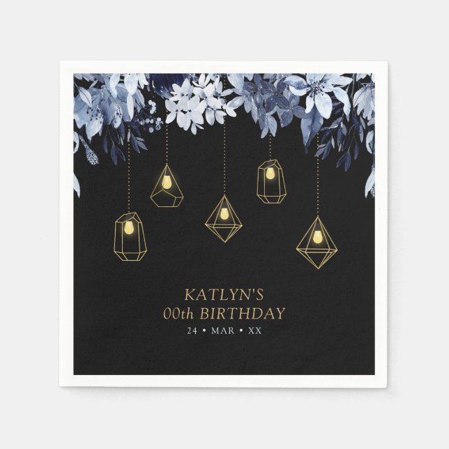 Gold & Black | String Lights Floral Birthday Party Napkin (Front)