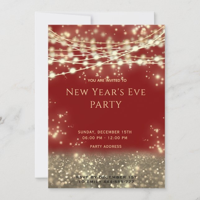 Gold black string lights New Year's Eve Invitation (Front)