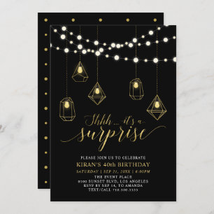 Gold & Black String Lights Surprise Birthday Party Invitation