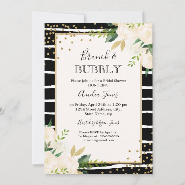 Gold Black Stripe Floral Brunch And Bubbly Shower Invitation (Front)