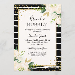 Gold Black Stripe Floral Brunch And Bubbly Shower Invitation