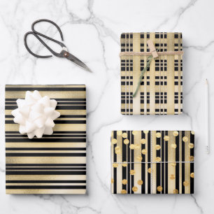 Gold black stripe polka dot confetti pattern chic wrapping paper sheet