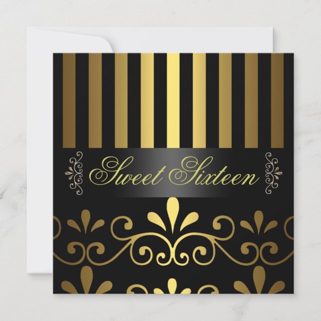 Gold/Black Stripe & Swirl Sweet 16 Invitation (Front)