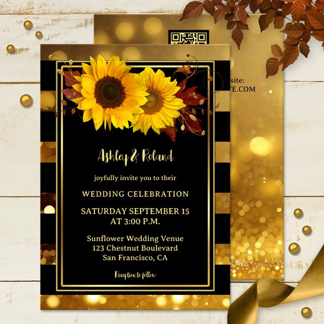 Gold Black Striped Sunflower Wedding Invitation (Wedding invitation featuring sunflowers and autumn leaves on black and sparkling gold stripes)