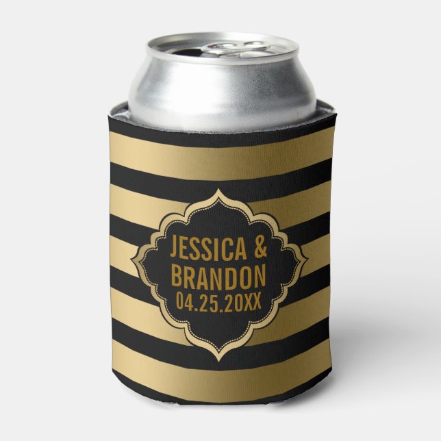 Gold & Black Stripes Geometric Pattern 2 Can Cooler (Can Front)