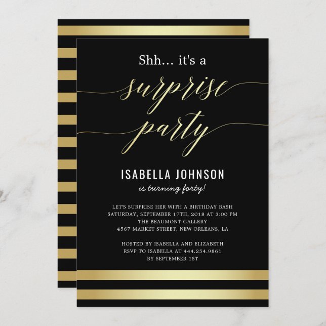 Gold & Black Stripes Shh... It's A Surprise Party Invitation (Front/Back)