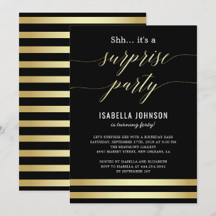 Gold & Black Stripes Shh... It's A Surprise Party Invitation