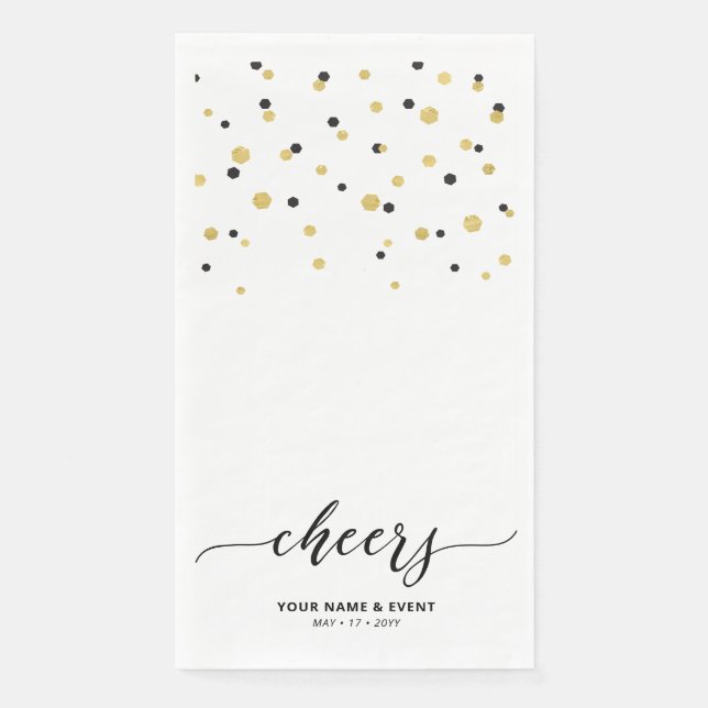 Gold & Black Stylish Script Confetti Cheers Party Napkin (Front)