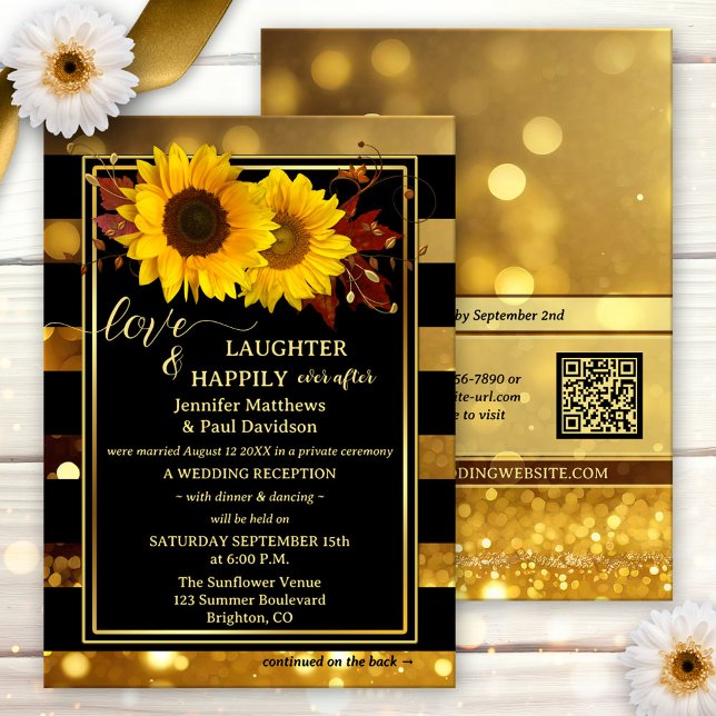 Gold Black Sunflower Happily Ever After Wedding Invitation (Happily ever after wedding invitation featuring sunflowers and autumn leaves on chic black)