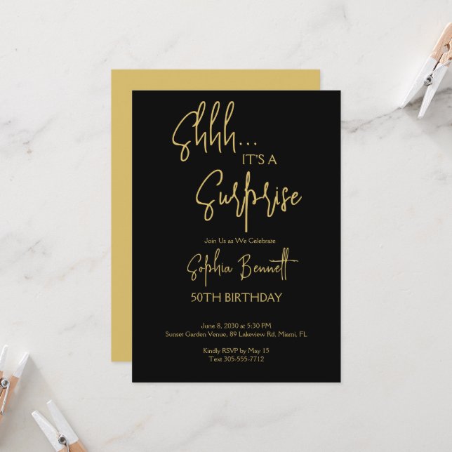 Gold Black Surprise Party Script 50th Birthday  Invitation (Front/Back In Situ)