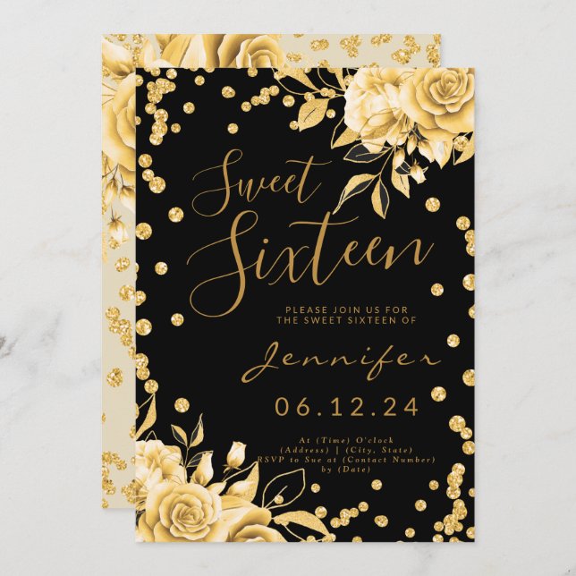 Gold Black Sweet 16 Glitter Confetti Floral Invitation (Front/Back)