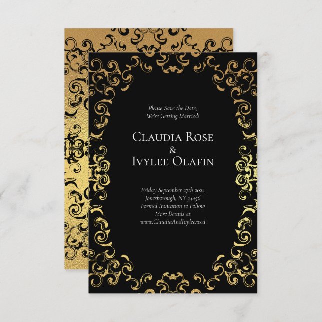 Gold & Black Swirl Gothic Wedding Invitation (Front/Back)
