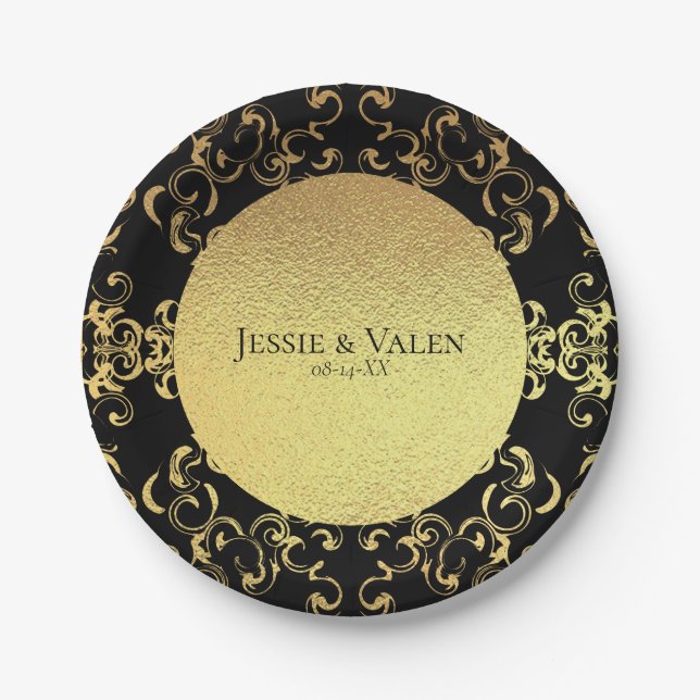 Gold & Black Swirl Gothic Wedding Paper Plate (Front)