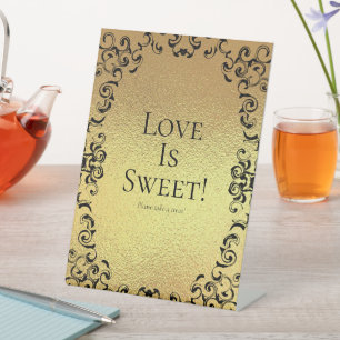 Gold & Black Swirl Gothic Wedding Sweets Table Pedestal Sign