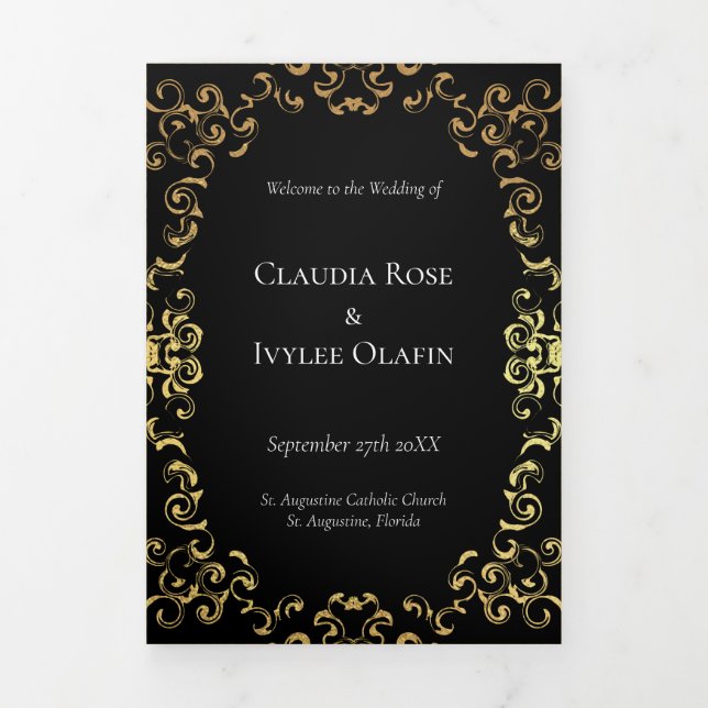 Gold & Black Swirl Gothic Wedding Tri-Fold Programme (Cover)
