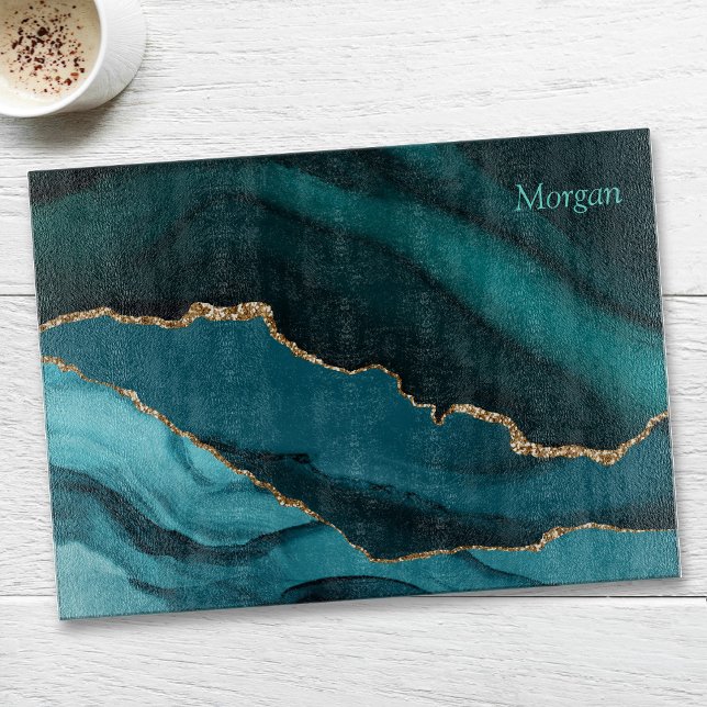 Gold Black & Teal Agate, Personalise Name Cutting Board (Creator Uploaded)
