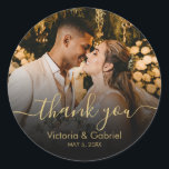 Gold Black Thank You Script Wedding Photo Classic Round Sticker<br><div class="desc">Modern Pretty Black and Gold Calligraphy Script Wedding Thank You | Couple Photo sticker/label for yor gift favour. Featuring an elegant handwritten style calligraphy overlay with text „Thank You” on black gradient.</div>
