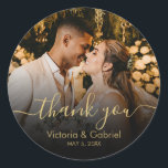 Gold Black Thank You Script Wedding Photo Classic Round Sticker<br><div class="desc">Modern Pretty Black and Gold Calligraphy Script Wedding Thank You | Couple Photo sticker/label for yor gift favour. Featuring an elegant handwritten style calligraphy overlay with text „Thank You” on black gradient.</div>