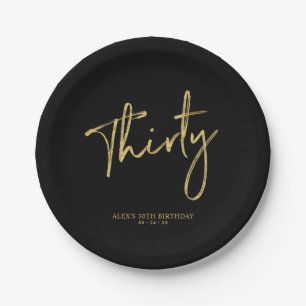 Gold & Black Thirty Lettering 30th birthday Paper Plate