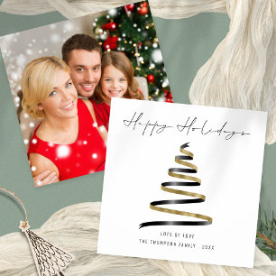 Gold Black Tree Photo Christmas Happy holidays Card