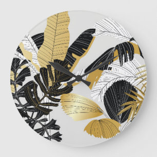 Gold, black tropical plants: luxury. large clock