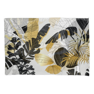 Gold, black tropical plants: luxury. pillowcase