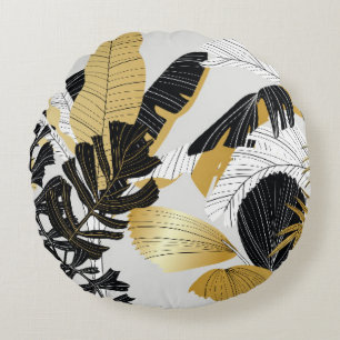 Gold, black tropical plants: luxury. round cushion