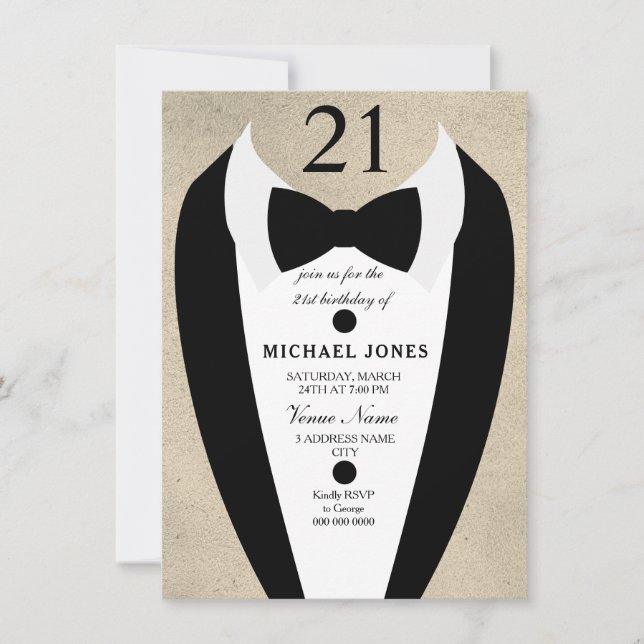 Gold Black Tuxedo Mens 21st Birthday Party Invite (Front)