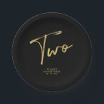 Gold & Black Two Brush Lettering Kids 2nd birthday Paper Plate<br><div class="desc">This simple custom paper plate will add stylish detail to the 2nd birthday party. This design features chic gold lettering "Two" with custom text. Matching invitations and party supplies are available in my shop BaraBomDesign.</div>