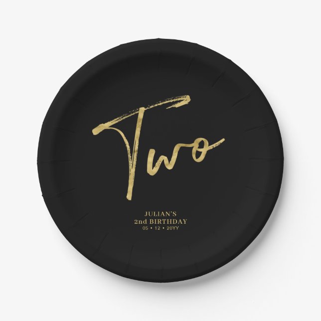 Gold & Black Two Brush Lettering Kids 2nd birthday Paper Plate (Front)