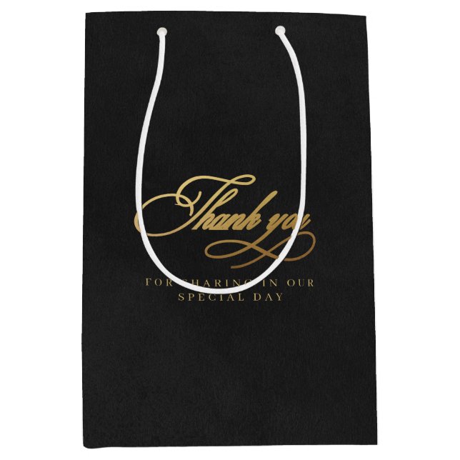 Gold & Black Velvet Imitation Wedding Thank You  Medium Gift Bag (Front)
