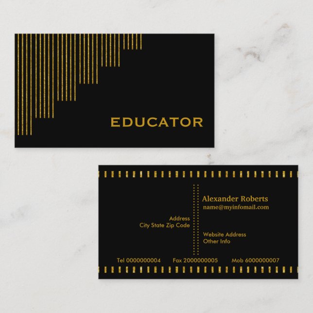 Gold, black vertical stripes educator business card (Front/Back)