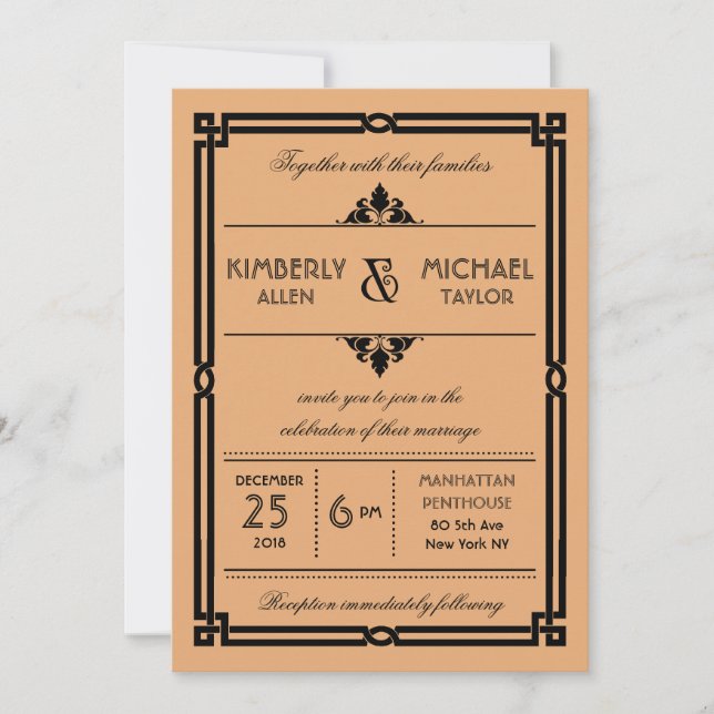 Gold Black Vintage Modern Art Deco Wedding Invitation (Front)
