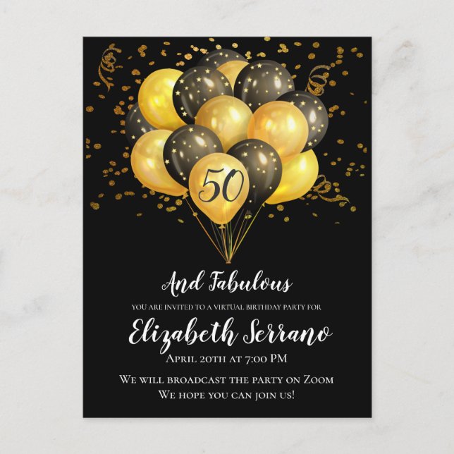 Gold Black Virtual 50th Birthday Party Postcard (Front)