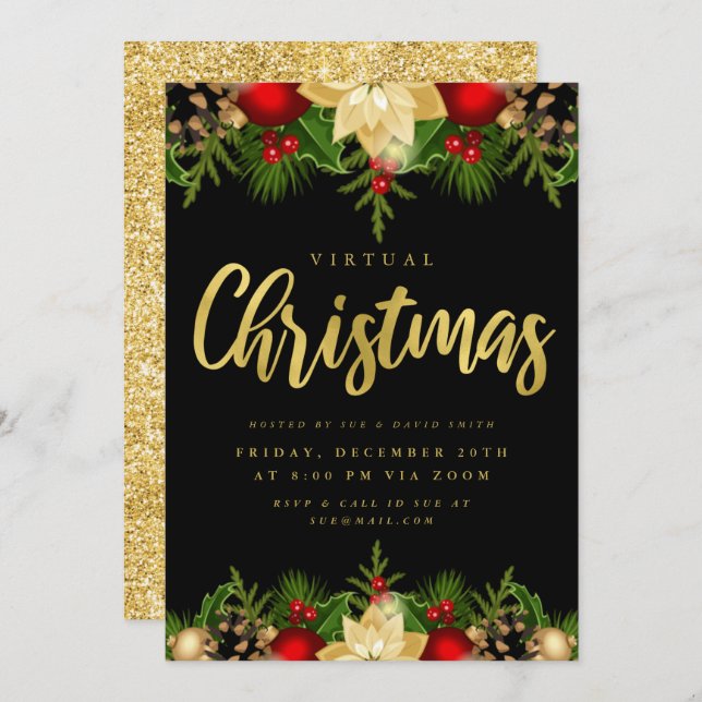 Gold Black VIRTUAL Christmas Holiday Online Party Invitation (Front/Back)
