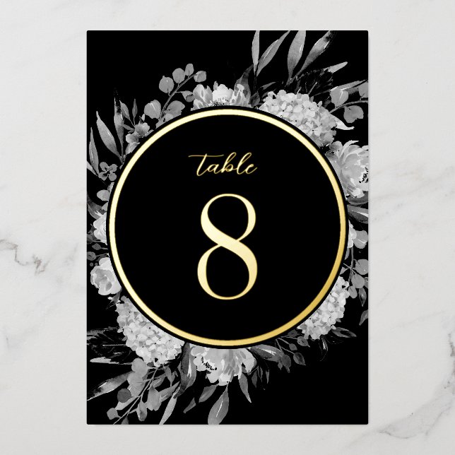 Gold Black Watercolor Floral Wedding Table Number (Front)