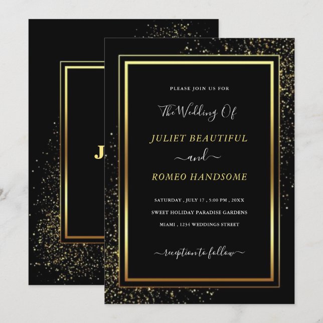 Gold Black Wedding Invitation Card Luxury Framed (Front/Back)