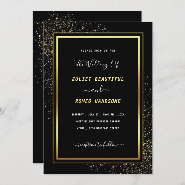 Gold Black Wedding Invitation - Luxury Invite Card (Front/Back)