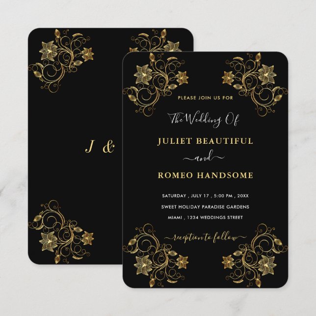 Gold Black Wedding Invitation with Flowers Framed (Front/Back)