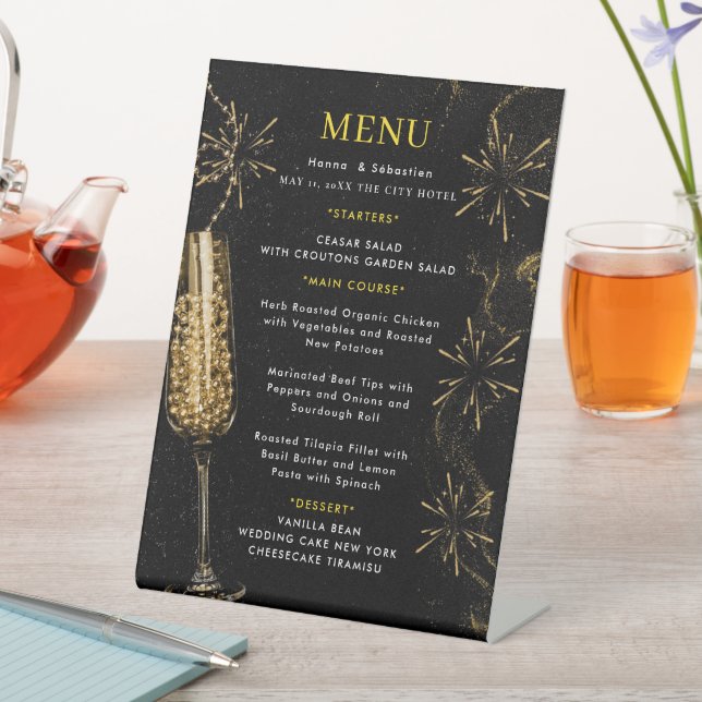Gold Black Wedding Menu Pedestal Sign (In SItu)