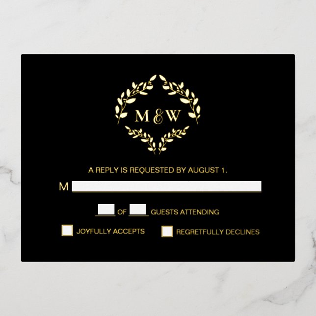 Gold Black Wedding monogram crest Meal selection Foil Holiday Postcard (Front)